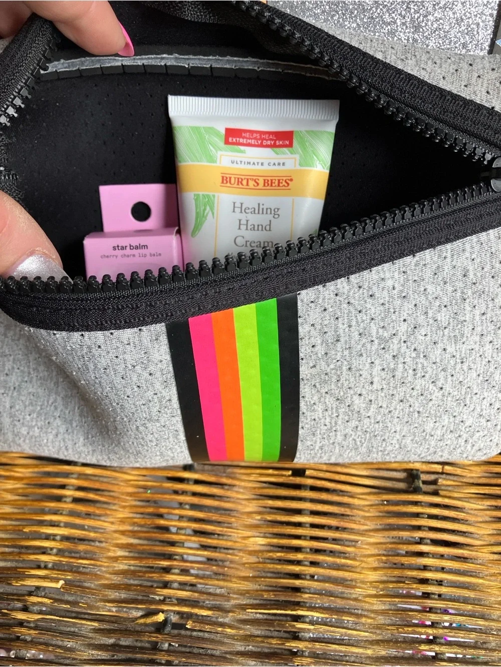Perforated Grey Neoprene Pouch with Neon Stripe & comes with Cream & Star Balm:)